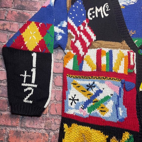 Vtg The Eagle's Eye Cardigan Sweater Hand Knit Teacher School Abcs 123s Sz XL - Picture 4 of 10